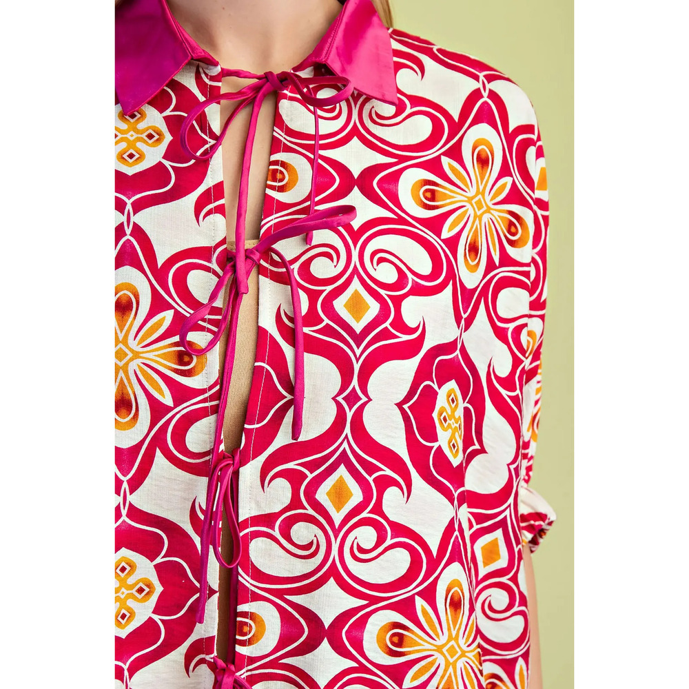 TE1304 GiGio Medallion Print Elastic Dolman Sleeve Top Satin String Ties Var Sz - Picture 2 of 5